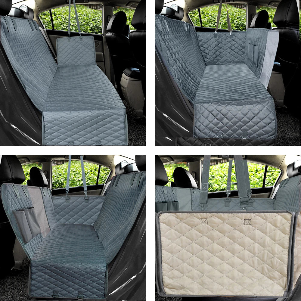 Waterproof dog car seat cover by PETRAVEL, showing a universal pet travel hammock installed in a car for protecting seats.
