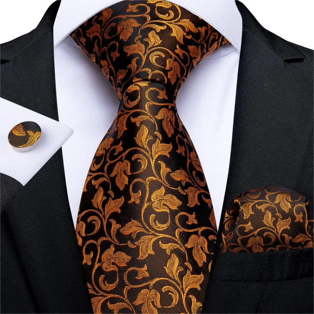 Gift Men Tie Luxury Gold Black Striped Paisley Silk Wedding Tie For Men DiBanGu Designer Hanky Cufflinks Fashion Tie Set