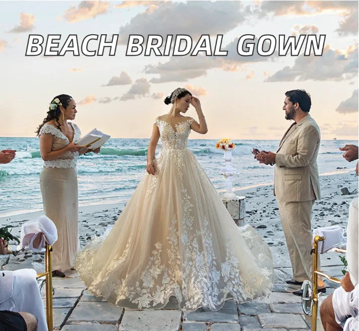 Elegant Spring Princess lace A-line wedding dress with long sleeves, featuring intricate lace details and a flowing bridal gown design.