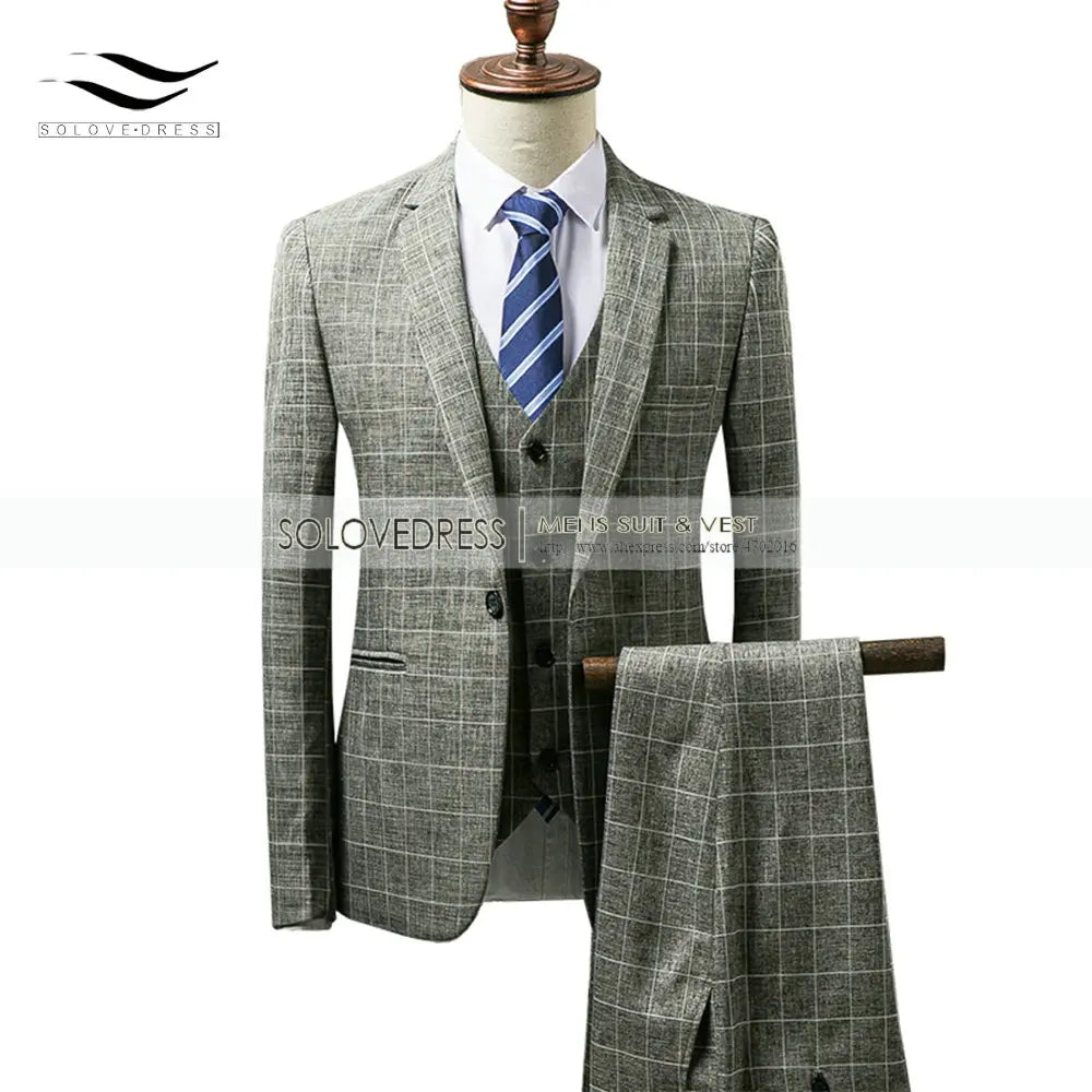 Grey/Brown Men's Suits 3 piece Plaid England Style Notched Lapel Business for Wedding Suits Men (Blazer+Vest+Pant)