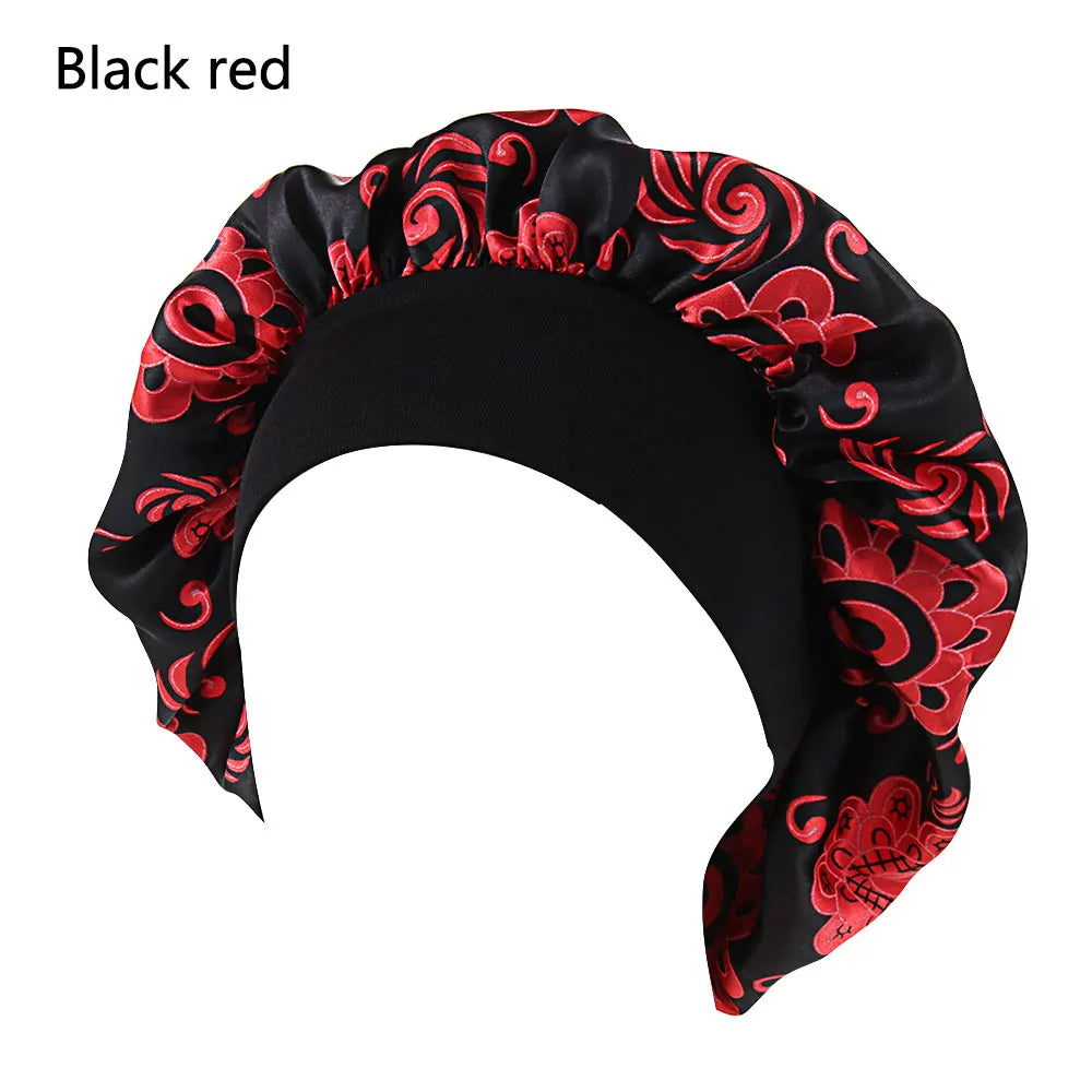 Elegant satin bonnet for women with elastic wide band, ideal for sleep, hair loss, chemo, and hair care.