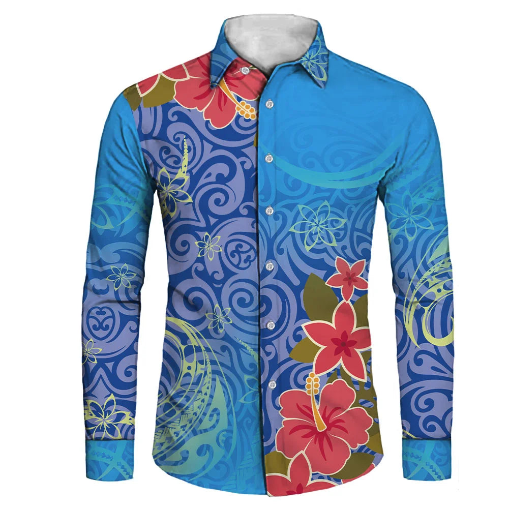 Plus size men's long sleeve shirt with black and white tribal Polynesian print, casual style, by Showlu Fashion.