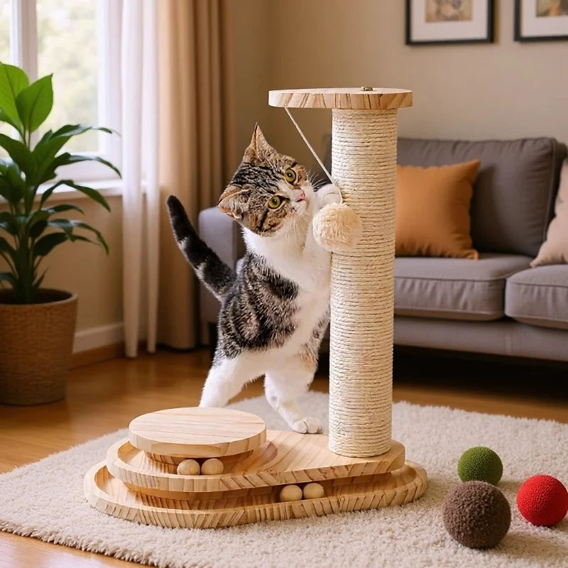 Showlu Solid Wood Cat Scratching Board and climbing frame, eco-friendly cat furniture with natural wood finish and textured surface