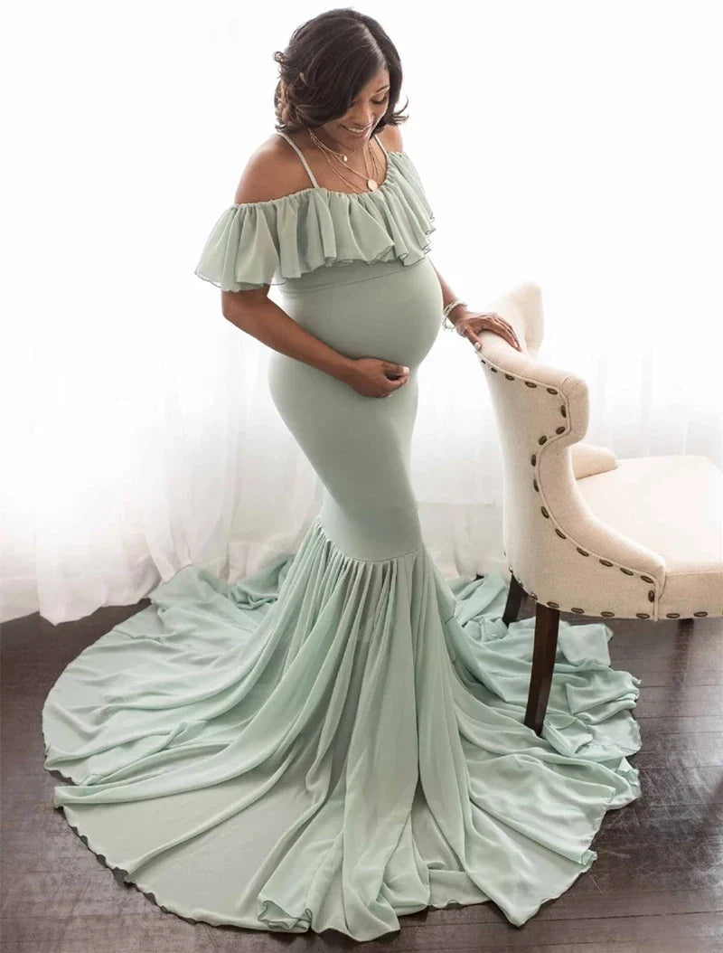 Off-shoulder chiffon maternity gown by Kacakid, perfect for photography and maternity photoshoots, elegant and flowing.