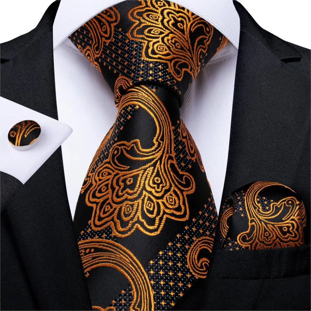 Gift Men Tie Luxury Gold Black Striped Paisley Silk Wedding Tie For Men DiBanGu Designer Hanky Cufflinks Fashion Tie Set