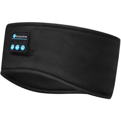 A black Bluetooth headband with a control panel featuring three buttons and a music icon.