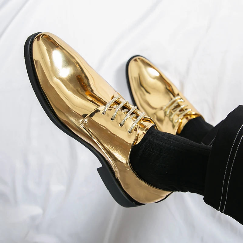 Men's mirror finish Derby shoe by Showlu Fashion, featuring pointed toe, lace-up design, suitable for business and wedding dress.