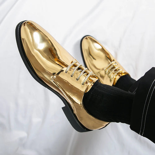 Men's mirror finish Derby shoe by Showlu Fashion, featuring pointed toe, lace-up design, suitable for business and wedding dress.