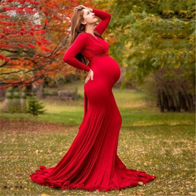 Lace maternity gown by Showlu Fashion Store, long sleeve maxi dress for pregnant women, suitable for photoshoots and special occasions.