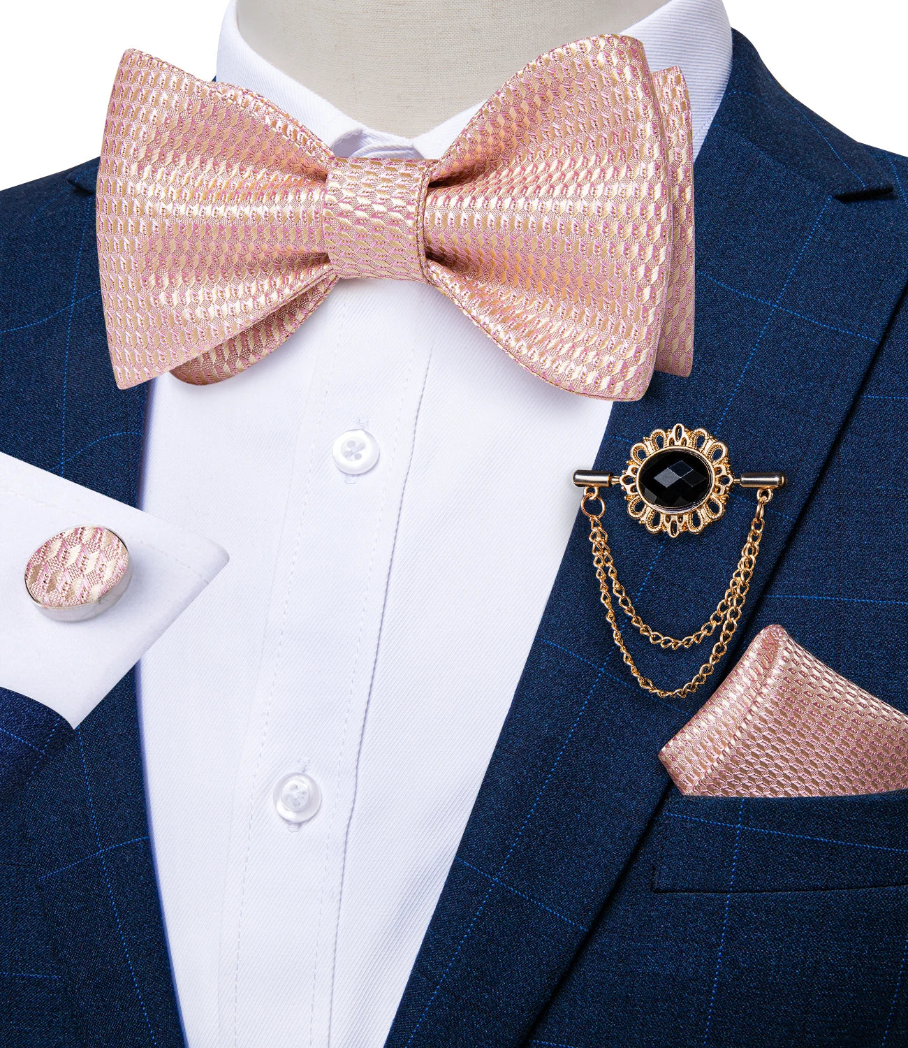 DiBanGu men's pink solid bow tie set with pocket square and cufflinks, perfect for wedding attire, by Showlu Fashion Store.