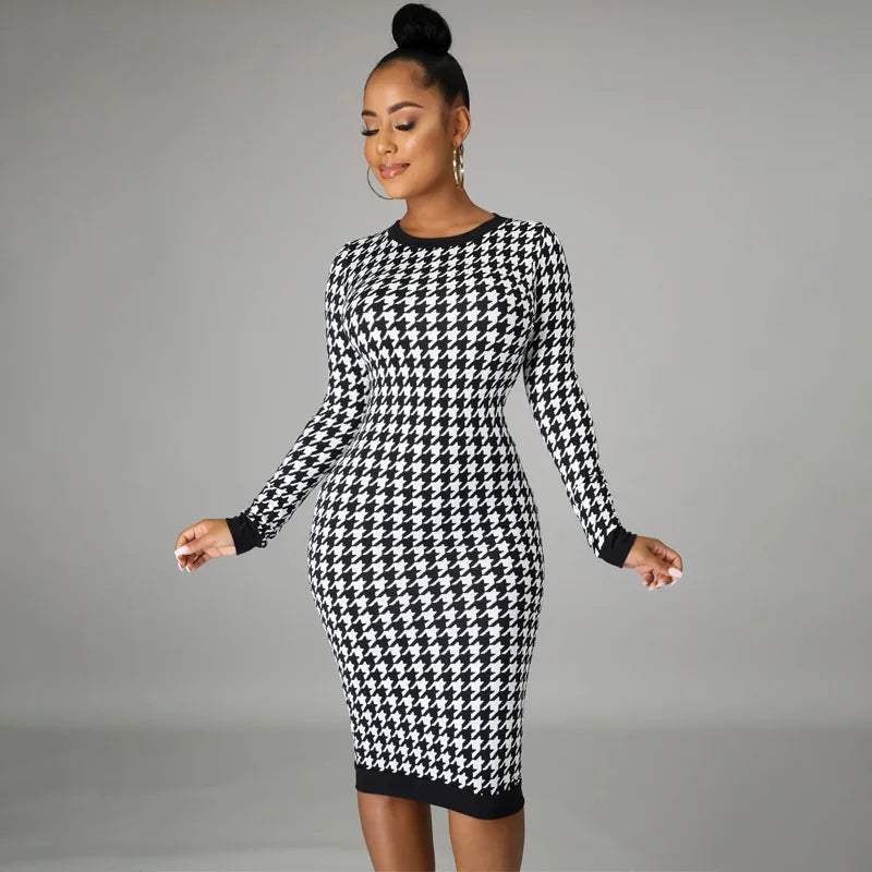 Houndstooth print women's long sleeve midi dress by Showlu Fashion, featuring hollow-out bodycon style for autumn winter streetwear.