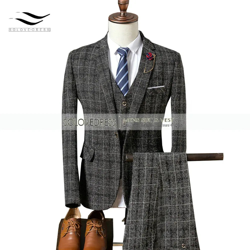 Grey/Brown Men's Suits 3 piece Plaid England Style Notched Lapel Business for Wedding Suits Men (Blazer+Vest+Pant)