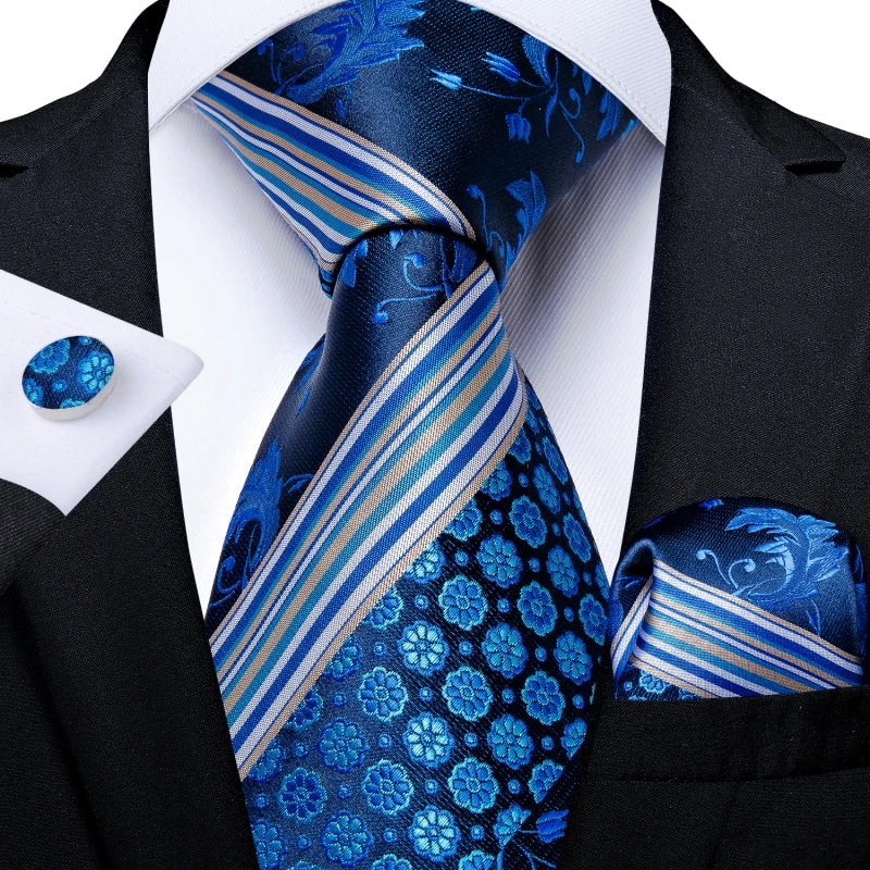 New Classic 100% Silk Men's Ties 8cm Blue Plaid Dot Striped Business Necktie Handkerchief Wedding Party Tie Set Gravatas DiBanGu