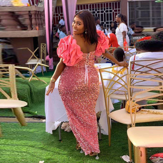 Aso Ebi Plus Size Mermaid Dress - Sequined with High Split & Puffy Sleeves for Glamorous Occasions