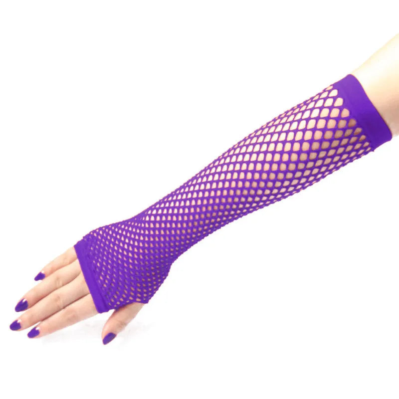 Women’s neon fishnet fingerless long gloves and arm cuffs for party wear, stylish arm warmers for women, Showlu Fashion Store.