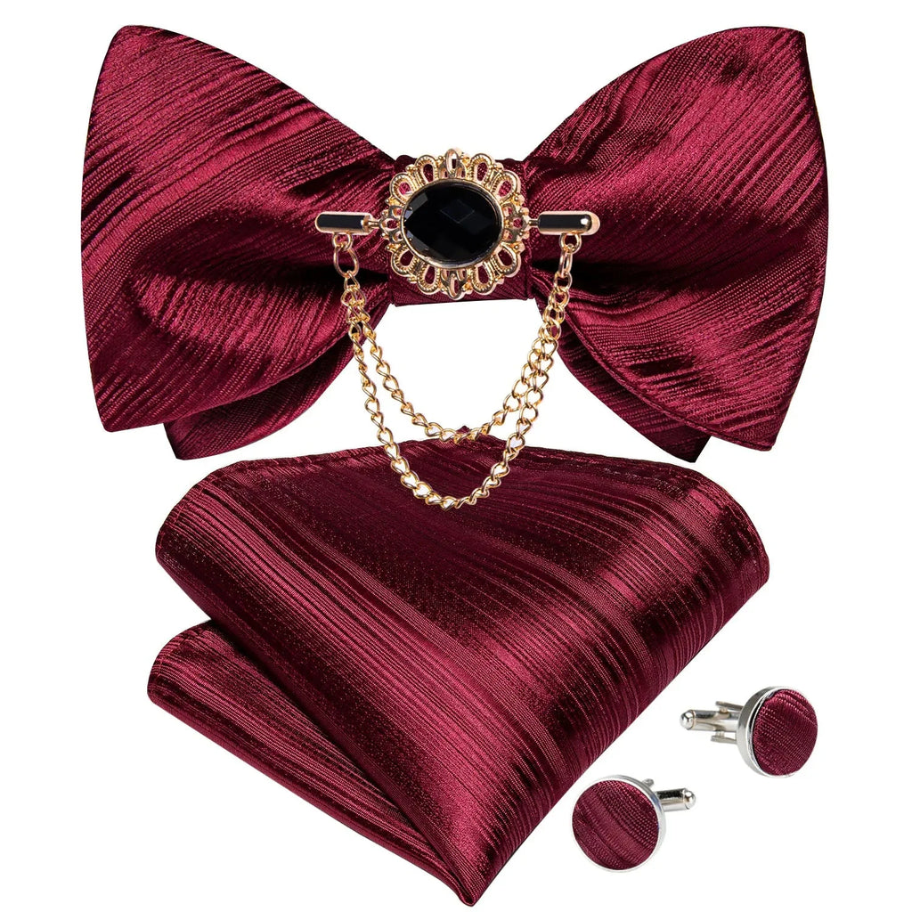 Pink plaid silk bow tie set with brooch and handkerchief, stylish self-tie design from SHOWLU FASHION STORE.