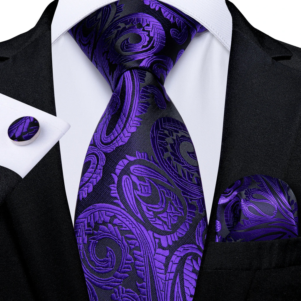 DiBanGu Ties For Men Purple Floral Paisley Necktie Business Formal 100% Silk Tie Pocket Square Set For Wedding Party Cravat