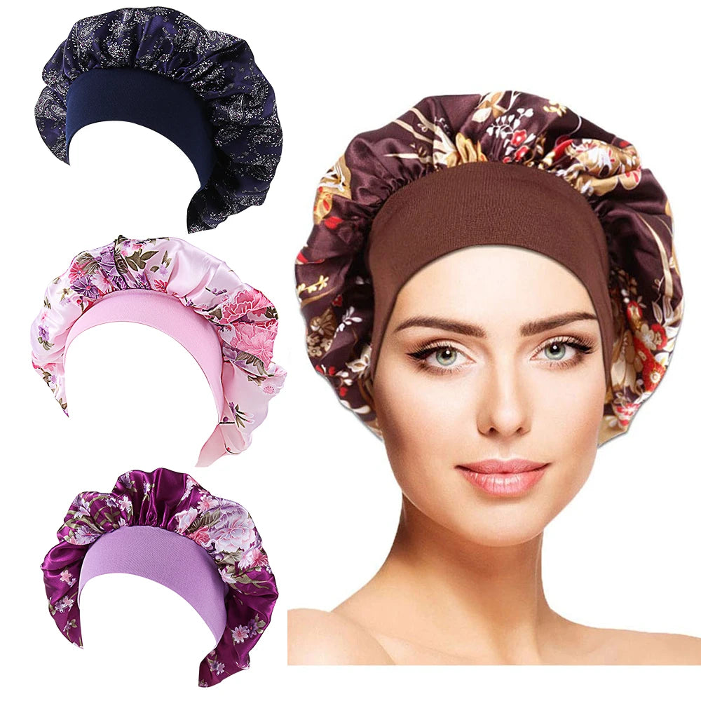 Satin women's sleep bonnet with wide elastic band, hair care head wrap, and chemo cap for hair loss protection.