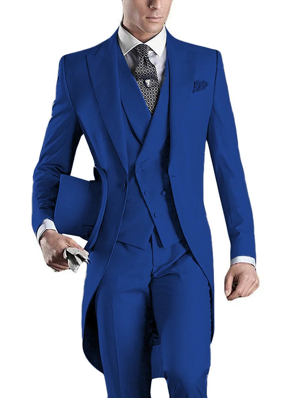 Men's black 3-piece slim fit tuxedo with peaked lapels, wedding suit, shown on a hanger, by SHOWLU FASHION STORE