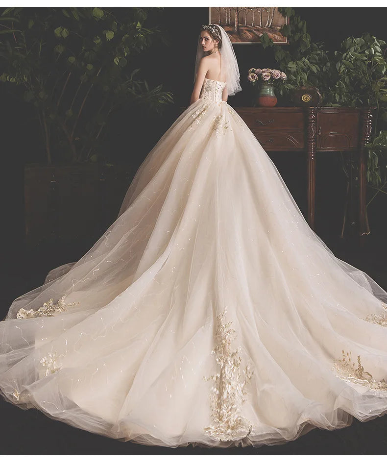 Aster Garden Lace Wedding Dress by Showlu Fashion Store, off-shoulder high-low bridal gown with intricate lace details.