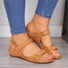 Factory Large Size Open Toe Women's Flat Sandals Solid Color with Genuine Leather Lining and Insole Buckle Closure