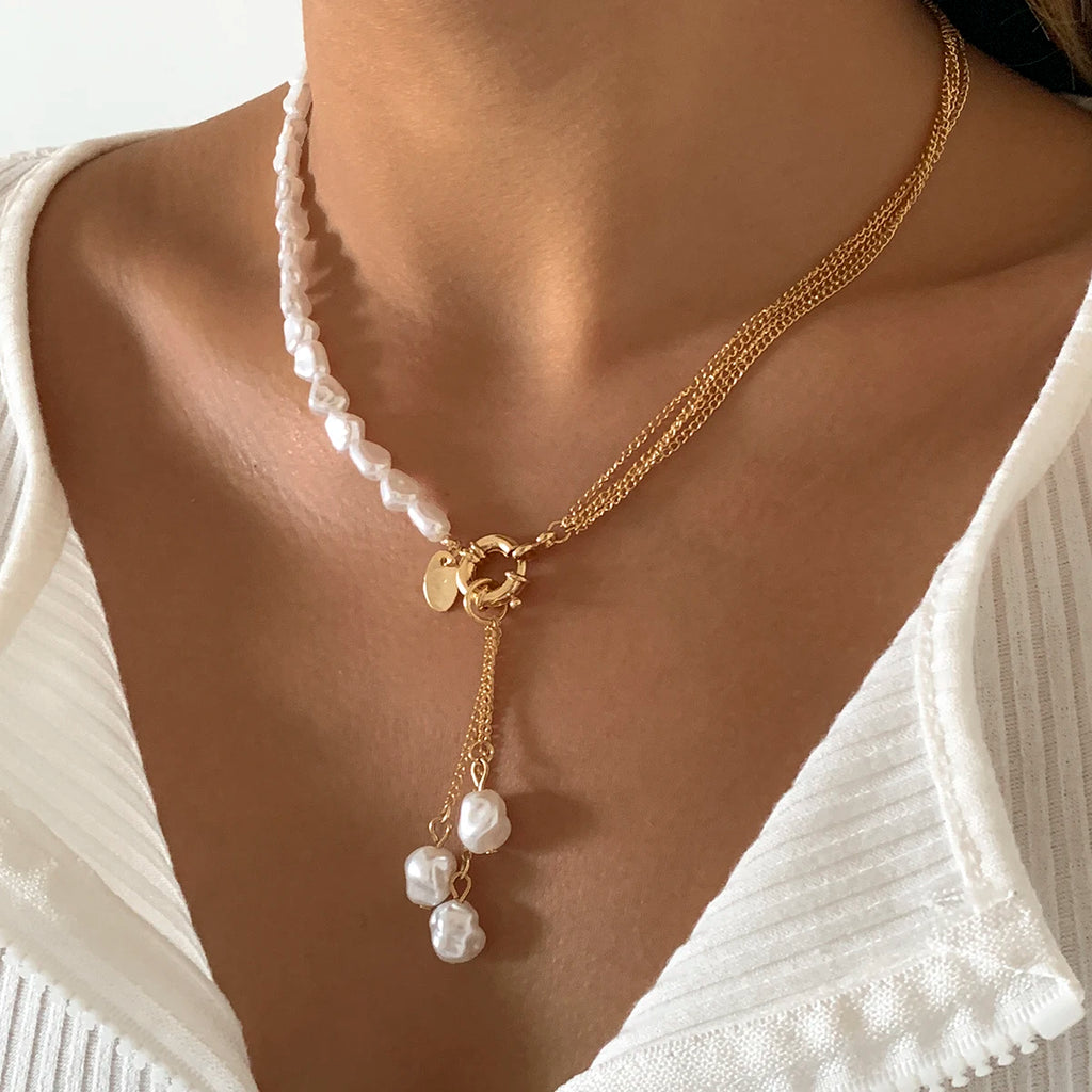 Baroque simulated pearls long tassel pendant necklace for women with beaded link chain, trendy lariat wedding jewelry by Showlu Fashion