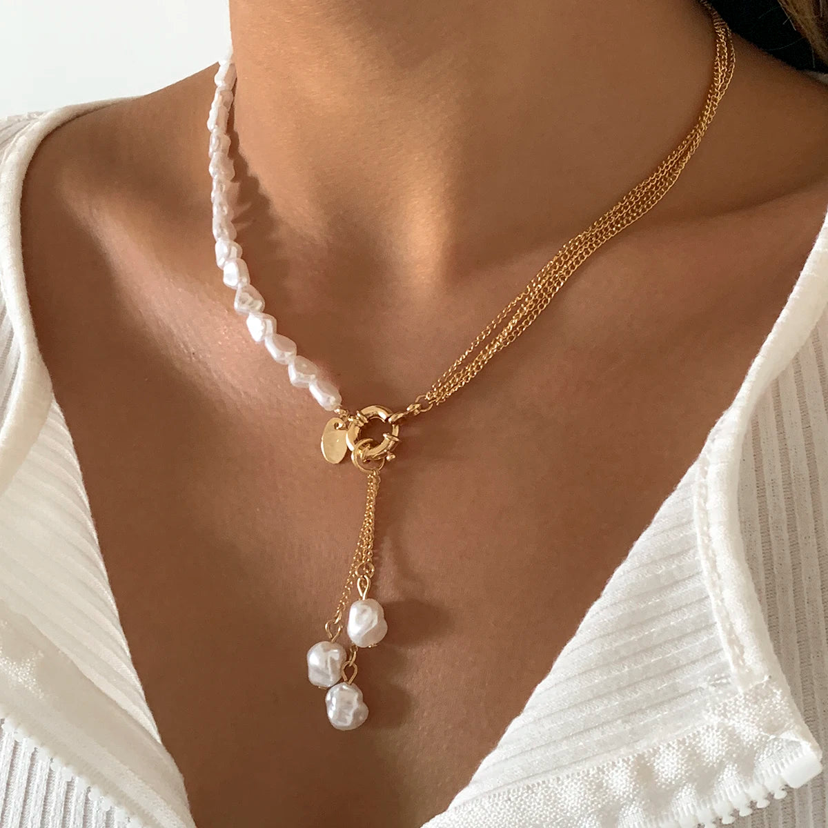 Baroque simulated pearls long tassel pendant necklace for women with beaded link chain, trendy lariat wedding jewelry by Showlu Fashion