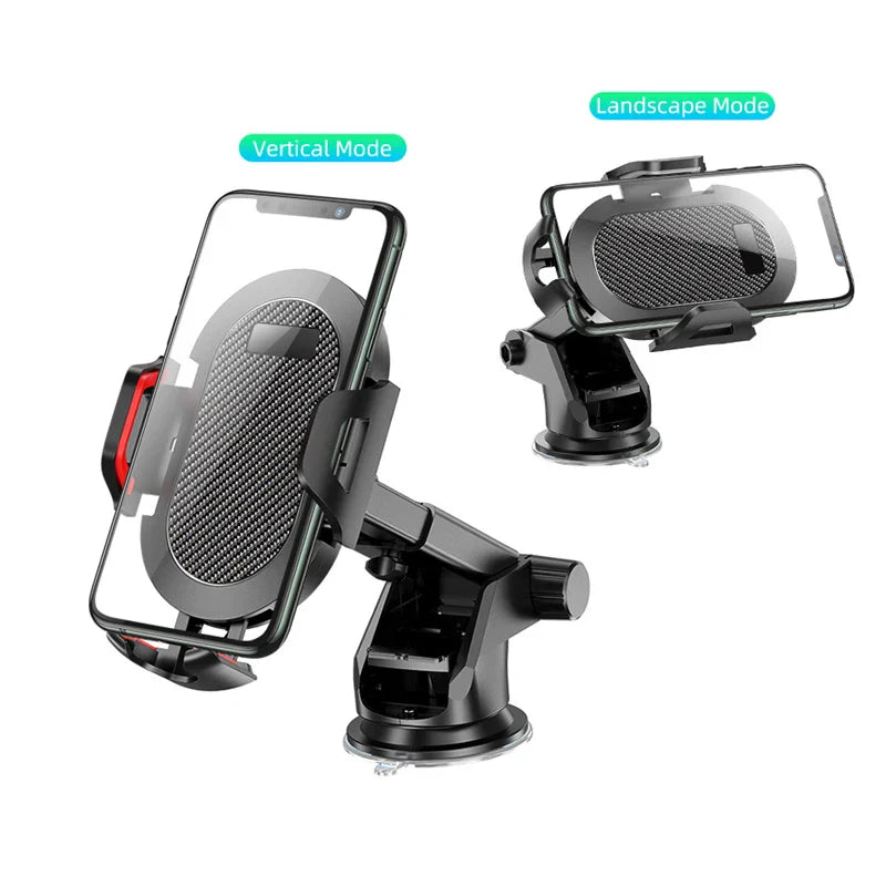 Universal car phone holder with suction cup mount on windshield, compatible with smartphones for secure hands-free use.