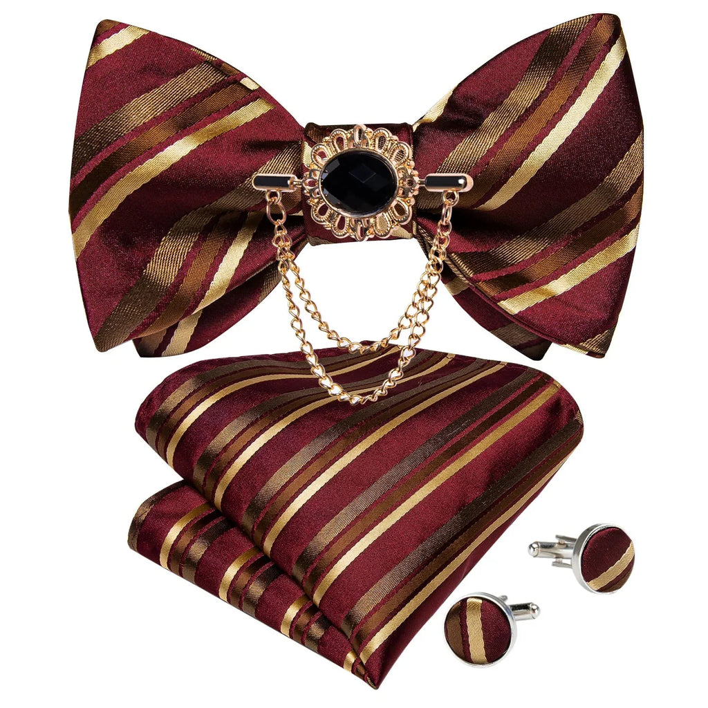 DiBanGu pink plaid silk self-tie bow tie set with brooch and pocket hanky, stylish accessory for formal wear