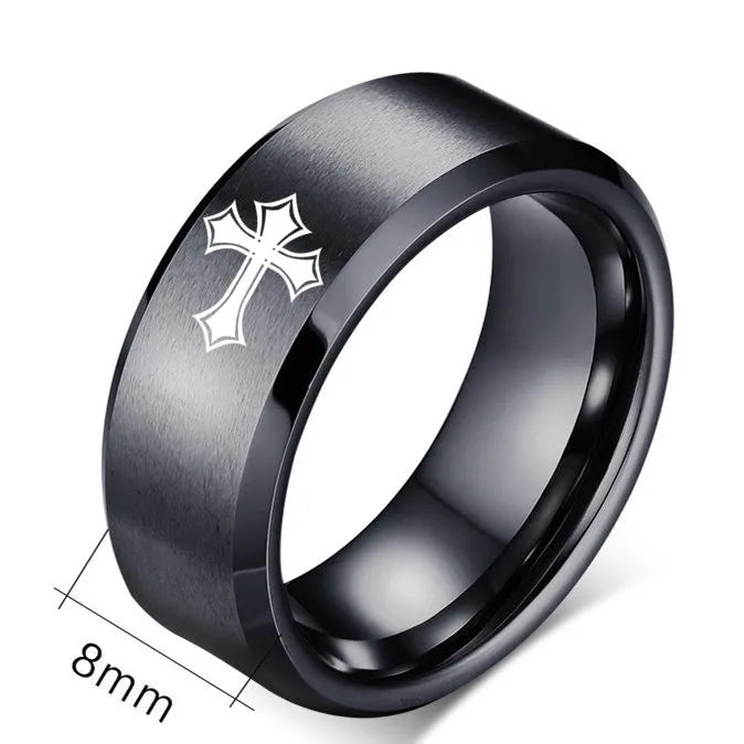 Titanium steel Christian cross Bible ring with 8mm unisex band, featuring a sleek sky-inspired design and religious symbolism.
