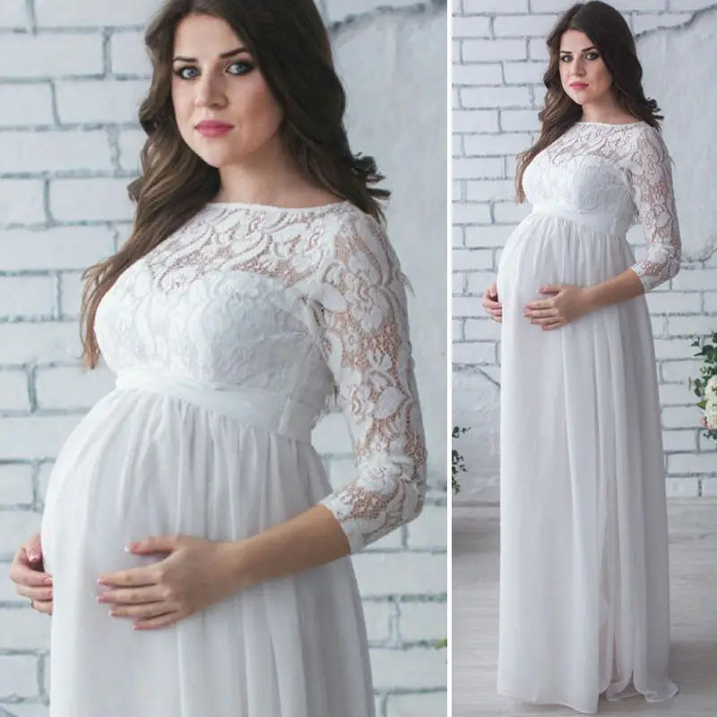 Elegant floral chiffon maternity photography dress by SHOWLU FASHION STORE, featuring lace details for a beautiful photo shoot gown.
