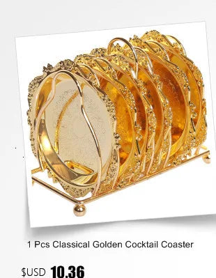 Six classical golden cocktail metal coasters with vintage zinc alloy and silver and gold plating, perfect for elegant table settings.