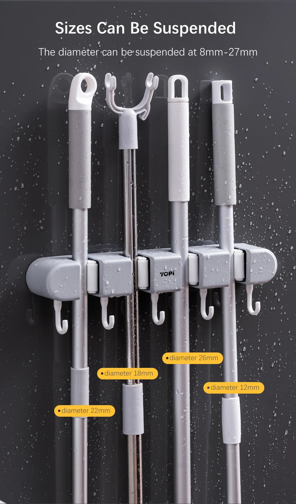 Wall mounted broom holder by Showlu Smart General, showing a black plastic bracket holding brooms and cleaning tools.