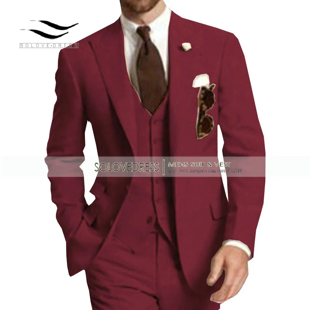 Burgundy Mens Suit 3 Pieces Elegant V Neck Notch Lapel Tuxedo Groomsmen Men Suits for Wedding Suits Men 2019 (Jacket+Vest+Pants)