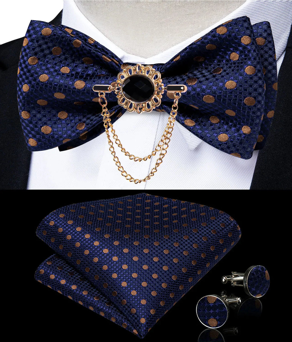 Pink plaid silk self-tie bow tie set with brooch and hanky, shown with matching accessories from SHOWLU FASHION STORE.