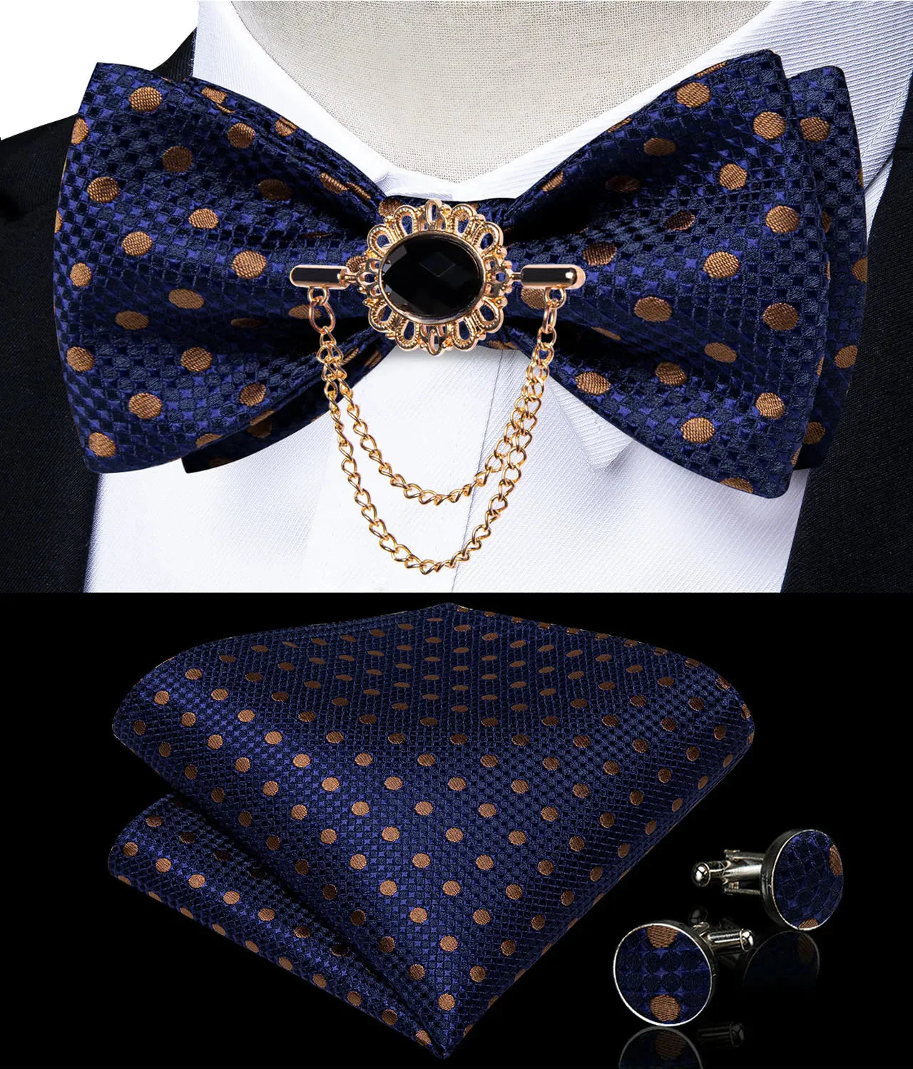 Pink plaid silk self-tie bow tie set with brooch and hanky, shown with matching accessories from SHOWLU FASHION STORE.