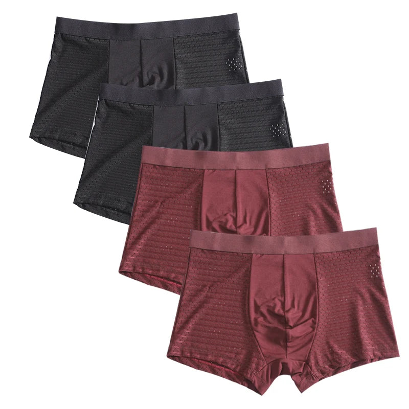 Men's bamboo fiber boxer shorts in a 4-pack, breathable plus size underwear, shown in natural fabric texture and relaxed fit.