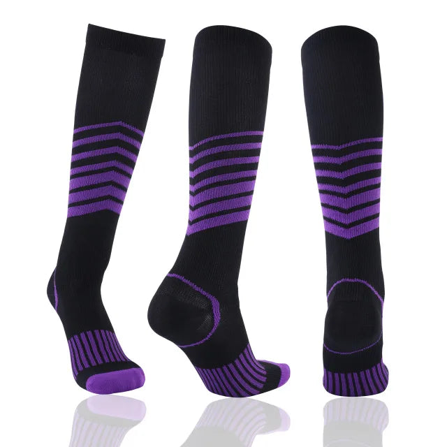 Black Showlu Fashion men's and women's compression football socks with anti-fatigue and pain relief features, designed for sports.