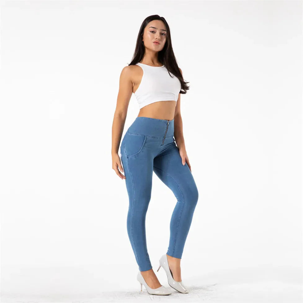 Light blue Shascullfites Melody high waist push-up skinny denim jeans by SHOWLU FASHION STORE, showcasing fitted design and stylish fit.