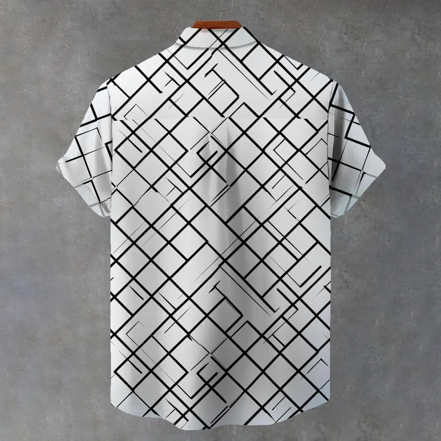 Casual men's short sleeve button-down shirt with abstract geometric print, mandarin collar, chest pocket, loose fit, made of 100% polyester.