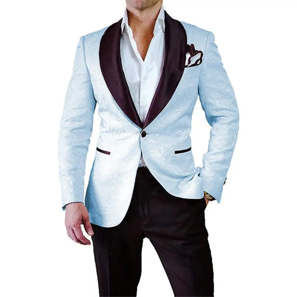 Men's white jacquard tuxedo from Solovedress by SHOWLU FASHION STORE, 2-piece slim fit wedding suit with elegant pattern.