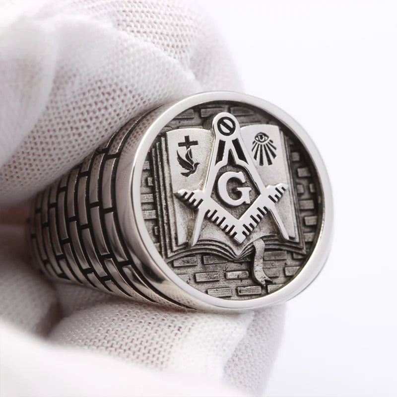 Sterling silver Holy Bible Masonic ring for men and women featuring intricate Freemason symbols, crafted by Showlu Fashion Store.