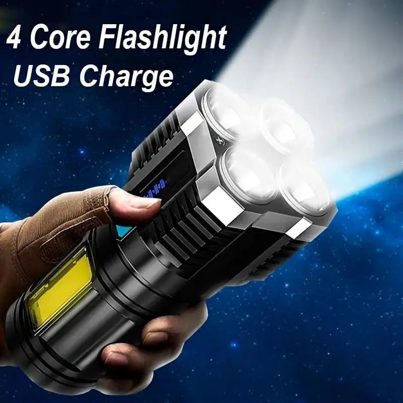 RxZoA LED rechargeable flashlight with 4-bead camping torch and COB side light, portable hand lantern with multiple lighting modes.