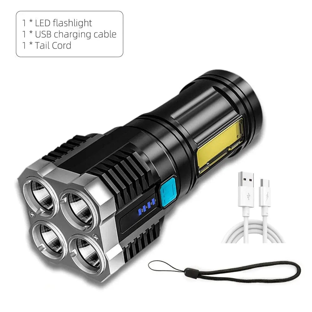 RxZoA LED rechargeable flashlight with 4-bead camping torch and COB side light, portable high-power LED camping lantern.