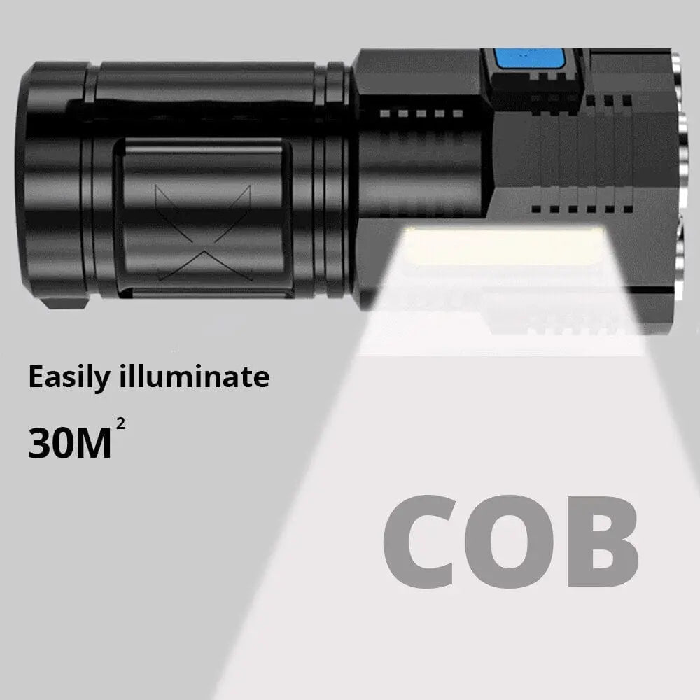 Showlu Fashion Store RxZoA LED rechargeable camping flashlight with 4 LED beads and COB side light, portable and multi-mode.