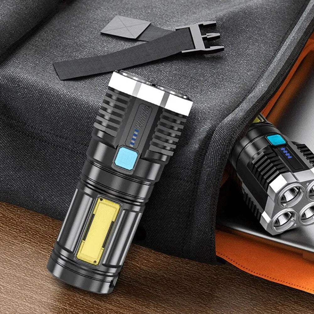RxZoA LED rechargeable flashlight with 4-bead camping torch and COB side light, portable and versatile for outdoor use.