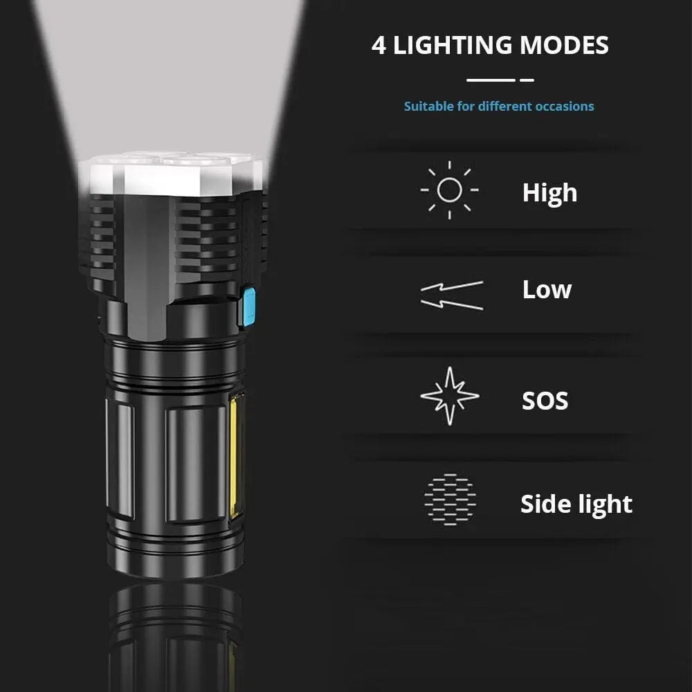 Showlu Fashion Store RxZoA LED rechargeable camping flashlight with 4-bead main light and COB side light, portable and versatile.