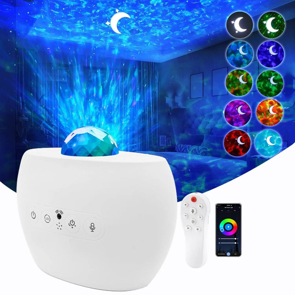 Showlu Galaxy Starry Sky Projector LED night light lamp displaying colorful aurora and starry sky projections in a dark room.