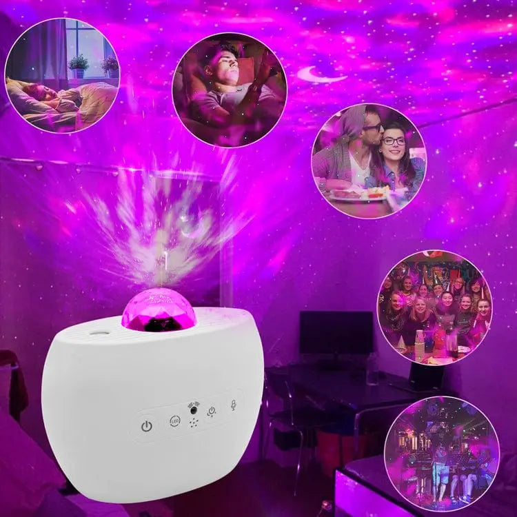 Showlu Smart Galaxy Starry Sky Projector displaying colorful aurora lights and star patterns in a dark room.