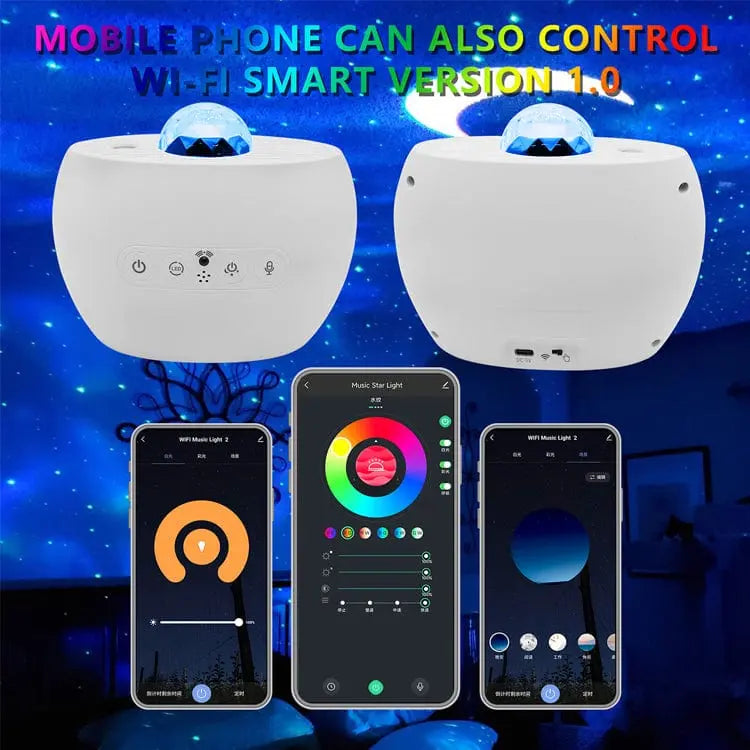 Showlu Smart Galaxy Starry Sky Projector with LED Aurora night light displaying colorful starry sky and aurora effects.